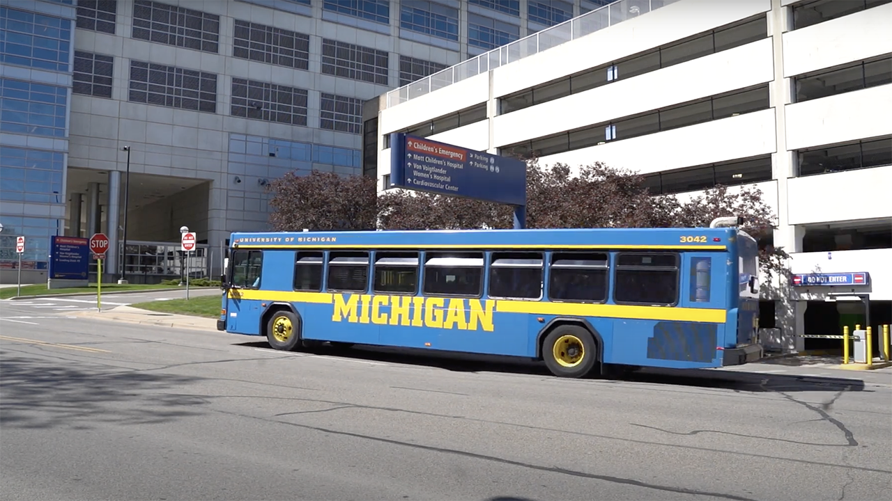 U-M Blue Bus in front of University Hospital